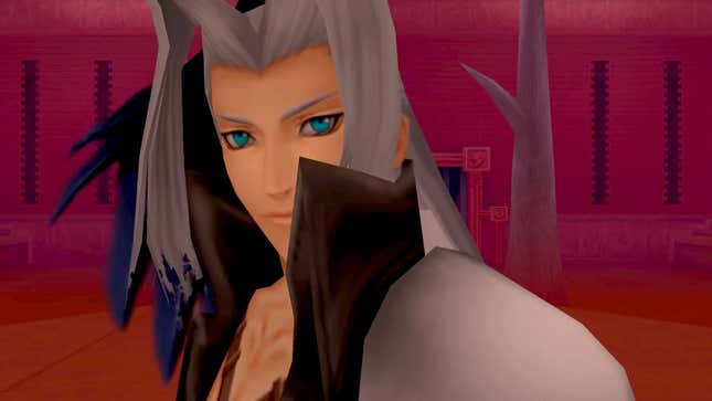 Sephiroth in Kingdom Hearts turn toward the camera during the Olympus Coliseum's Platinum Match.