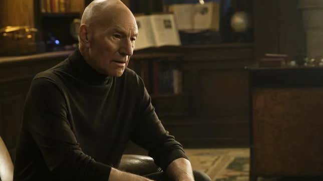 A weary-looking Jean-Luc Picard takes a seat.
