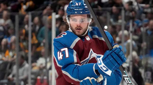 Colorado Avalanche forward Alex Galchenyuk adjusts his pads during the second period of an NHL hockey game March 22, 2023, in Denver.