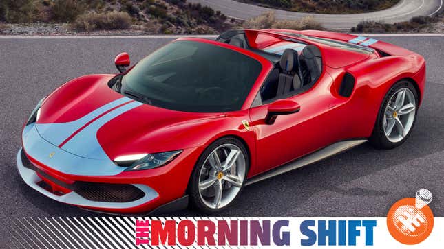 A photo of a red convertible Ferrari supercar with The Morning Shift captioned along the bottom. 