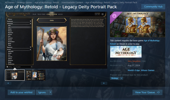 Screenshot of the Age of Mythology Steam page. 