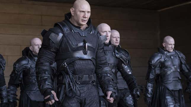 Dave Bautista's Rabban is dressed in black alongside other Harkonnen.