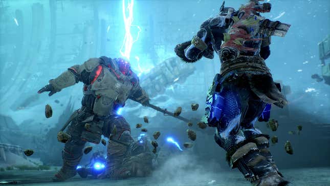 Mutants in big armor fight in front of lightning. 