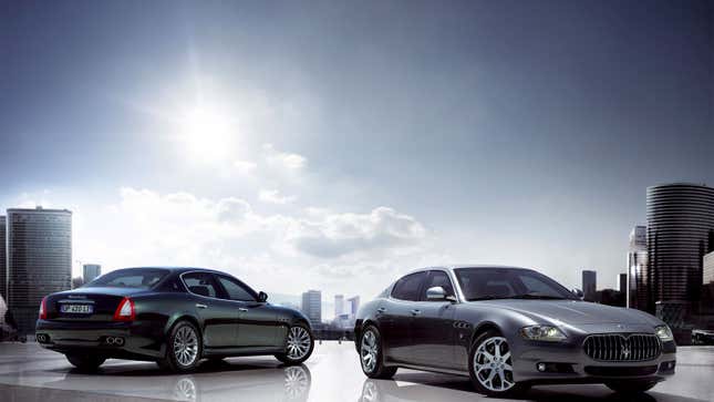 Two Maserati Quattroportes parked on a roof 