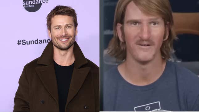 Left: Glen Powell (Photo: Tommaso Boddi/Getty Images for NETFLIX) Right: Eli Manning as nightmare creation Chad Powers (Screenshot: YouTube)