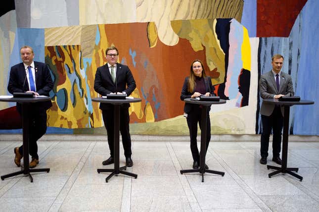 From left: Terje Halleland (Progress Party), Aleksander Oren Heen (Center Party), Marianne Sivertsen Naess (Labour Party) and Bard Ludvig Thorheim (Conservative Party) give a joint press conference on the deal on extraction of seabed minerals made between the governing party and two large opposition parties, in Oslo, Norway, Tuesday Dec. 5, 2023. (Terje Pedersen/NTB Scanpix via AP)