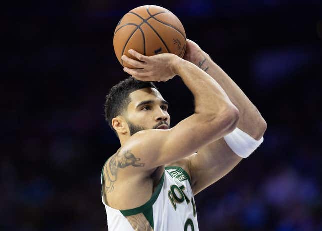 Nov 15, 2023; Philadelphia, Pennsylvania, USA; Boston Celtics forward Jayson Tatum (0) shoots the ball against the Philadelphia 76ers during the second quarter at Wells Fargo Center.