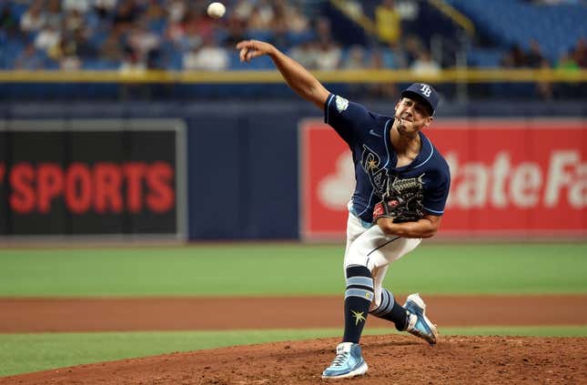 Sep 6, 2023; St. Petersburg, Florida, USA; Tampa Bay Rays relief pitcher Robert Stephenson (26) throws a pitch against the Boston Red Sox during the seventh inning at Tropicana Field.