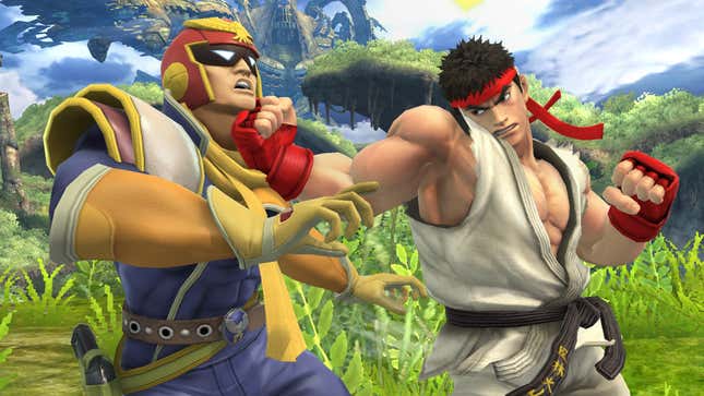 Street Fighter's Ryu punches F-Zero's Captain Falcon in Super Smash Bros.