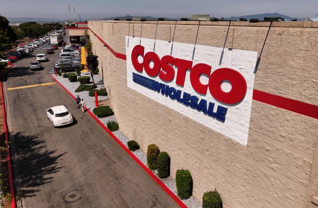 In an aerial view, the Costco logo is displayed on the exterior of a Costco store on July 11, 2024 in Richmond, California.