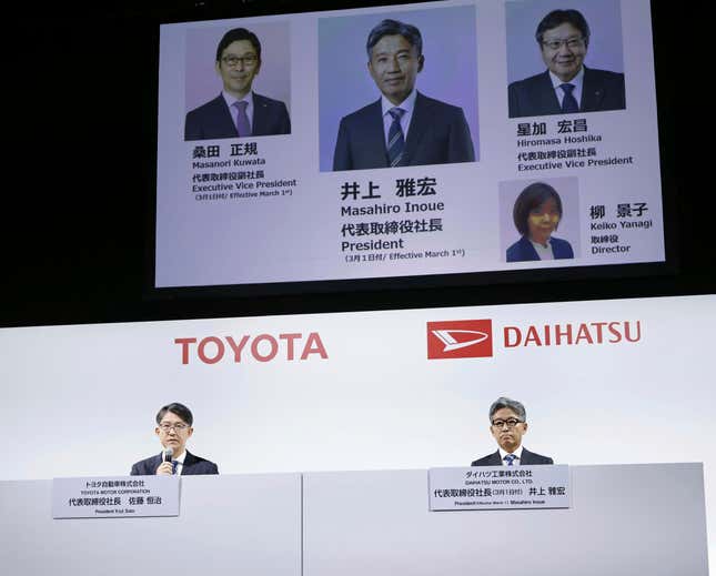 Masahiro Inoue, right, now overseeing Toyota’s business in South America, and Toyota Chief Executive Koji Sato attend a press conference in Tokyo Tuesday, Feb. 13, 2024. Japanese automaker Daihatsu on Tuesday named a veteran at its parent company Toyota to replace its president as it tries to repair the damage from a scandal over cheating on vehicle safety tests. Inoue will become Daihatsu President effective in March. (Kyodo News via AP)