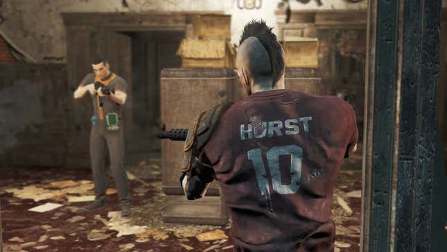 A man in a soccer jersey points a gun at a man in a vault uniform also wielding a gun