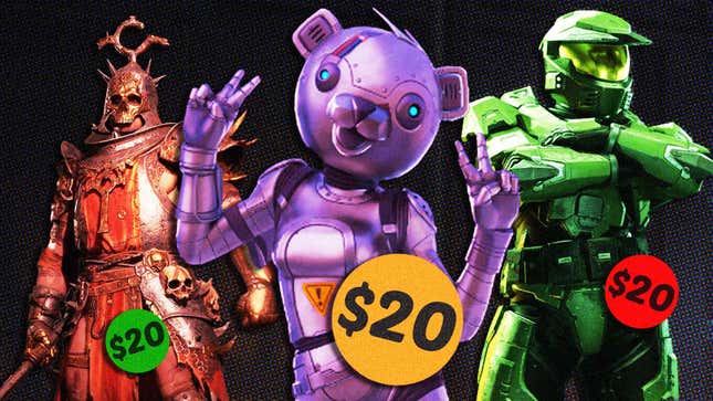 An image shows three $20 video game skins standing together. 