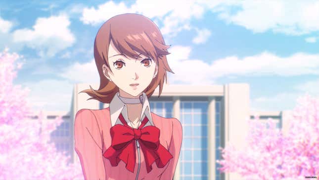 Yukari stands in front of the high school.