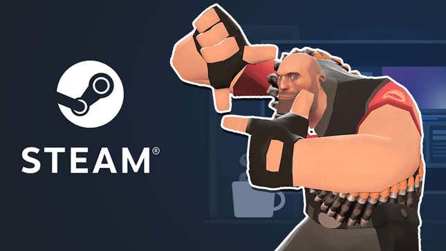 An image shows the Steam logo behind a character from TF2. 