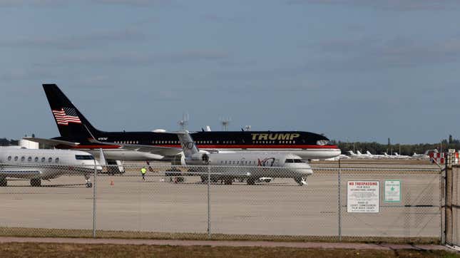 The Trump Organization's Boeing 757 used by former U.S. President Donald Trump, known as Trump Force One, sits parked on the tarmac at the Palm Beach International Airport on March 31, 2023 in West Palm Beach, Florida.