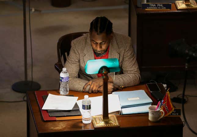 Brandon Bosley, alderman in St. Louis&#39; 3rd ward, listens during a Board meeting at City Hall on Feb. 10, 2023 in St. Louis, Mo. The former alderman has been charged with lying to police about getting carjacked last year; the charge comes months after he was indicted by federal officials in a fraud and bribery investigation that put three other former St. Louis aldermen in prison last December. (Christian Gooden/St. Louis Post-Dispatch via AP)