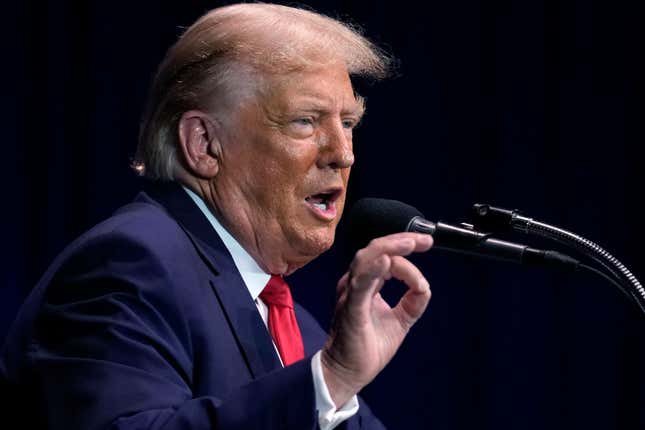 Former President Donald Trump addresses an audience during a campaign event, Monday, Oct. 9, 2023, in Wolfeboro, N.H. (AP Photo/Steven Senne)