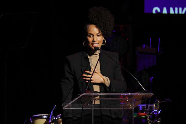 Alicia Keys speaks onstage during the celebration of Harry Belafonte’s 95th Birthday with Social Justice Benefit at The Town Hall on March 01, 2022 in New York City. (Photo by Dia Dipasupil/Getty Images)