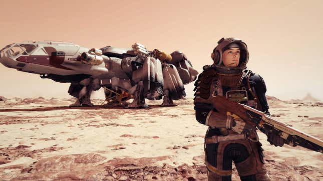 An explorer stands on a distant planet in front of her ship.