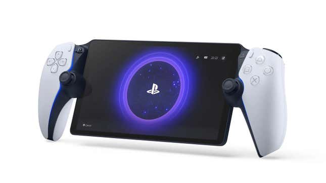 A PlayStation Portal handheld displays the start screen.