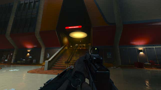 The player aims their gun towards the red-coded Cognitive Research area.