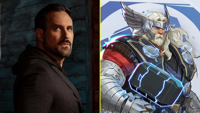 A voice actor is juxtaposed next to a Marvel character.