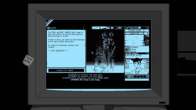 A screenshot shows an enemy encounter in World of Horror.