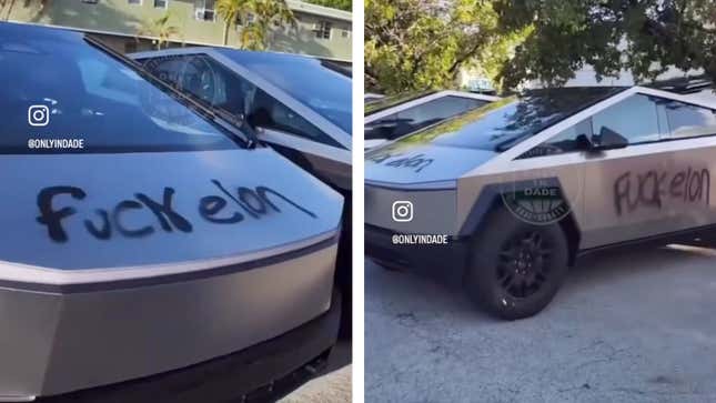 Screenshots showing the vandalism of Cybertrucks in Florida that happened at some point between the night of June 20 and the morning of June 21, 2024. 