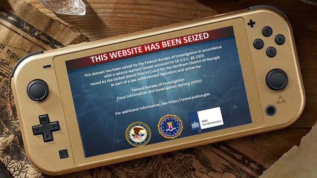 An FBI warning appears on a Switch Lite screen.