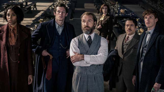 From left: Jessica Williams, Callum Turner, Jude Law, Fionna Glascott, Dan Fogler, and Eddie Redmayne in Fantastic Beasts: The Secrets Of Dumbledore