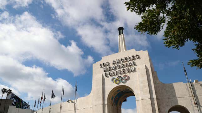 A general view of the Los Angeles Memorial Coliseum Olympic Torch prior to the NASCAR Clash at the Coliseum at Los Angeles Memorial Coliseum on February 05, 2023 in Los Angeles, California.