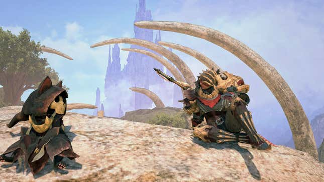 A Palico and a Hunter in Death Stench armor look at each other while sitting down.