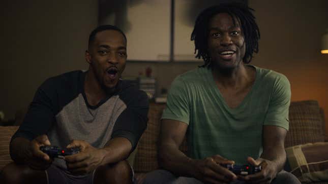 Anthony Mackie and Yahya Abdul-Mateen II in Black Mirror Season 5 Episode 1, “Striking Vipers.”