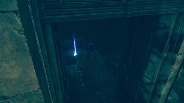 A figure stands in a small, dimly lit room where a glowing object beckons. 