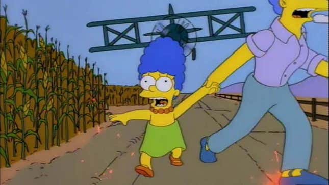 A screenshot shows a young Marge running from a plane. 