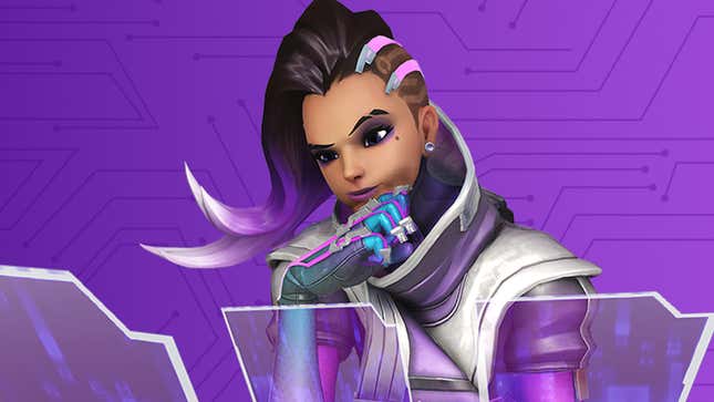 Overwatch 2 character Sombra looks to be deep in thought. 