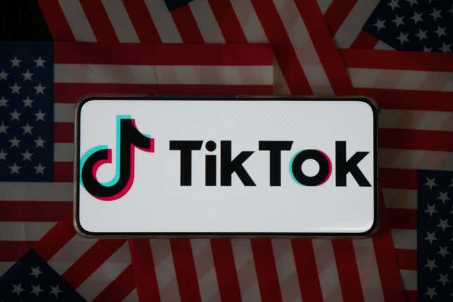 Fotoillustration des TikTok-Logos, das auf einem Telefon über einem Kreis aus US-Flaggen angezeigt wird.