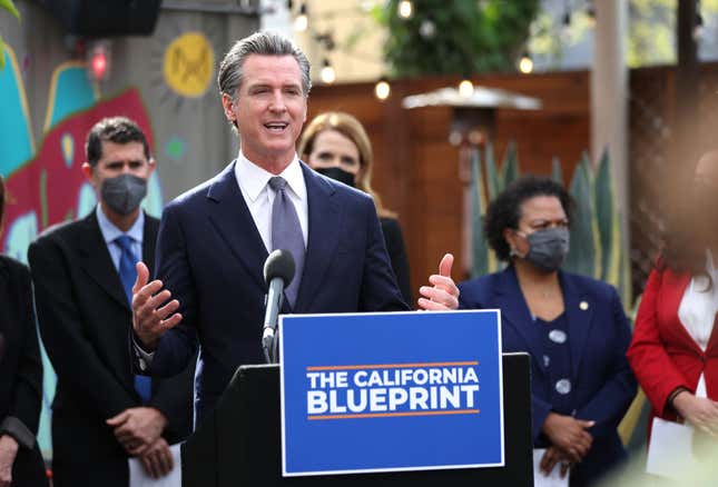 California Gov. Gavin Newsom speaks during a bill signing ceremony at Nido’s Backyard Mexican Restaurant on February 09, 2022, in San Francisco, California.