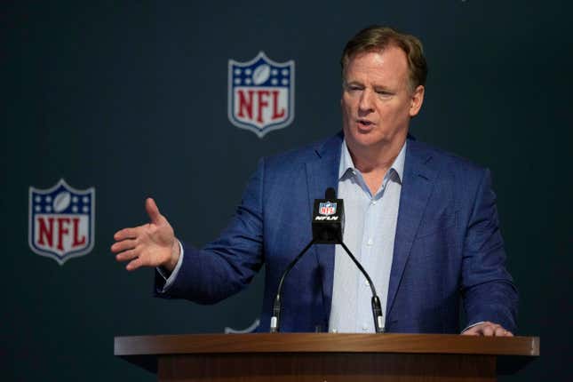  NFL Commissioner Roger Goodell answers questions from reporters at a press conference following the close of the NFL owner’s meeting on March 29, 2022, at The Breakers resort in Palm Beach, Fla. The NFL and six of its teams have formally moved in a New York court to force a lawsuit alleging that they engaged in racial discrimination into arbitration where Goodell would be the arbitrator. The league and the teams filed papers Tuesday, June 21, 2022, with a judge presiding over a lawsuit filed by Brian Flores after he was fired in January as head coach of the Miami Dolphins.