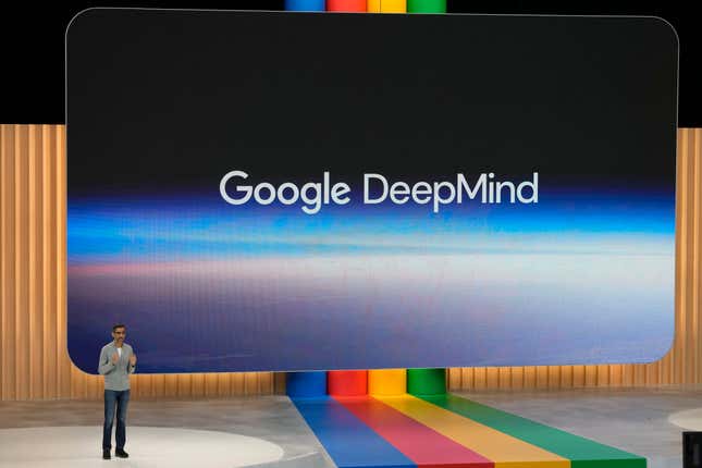 File - Alphabet CEO Sundar Pichai speaks about Google DeepMind at a Google I/O event in Mountain View, Calif., May 10, 2023. Google took its next leap in artificial intelligence Wednesday with the launch of a project called Gemini that&#39;s trained to think more like humans and behave in ways likely to intensify the debate about the technology&#39;s potential promise and perils. Google DeepMind is the AI division behind Gemini. (AP Photo/Jeff Chiu, File)