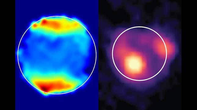 The Webb Telescope’s map of Ganymede (left) shows light absorption at the poles, indicating the presence of hydrogen peroxide. Its image of Io (right) reveals hot volcanic eruptions at Kanehekili Fluctus (center) and Loki Patera (right).