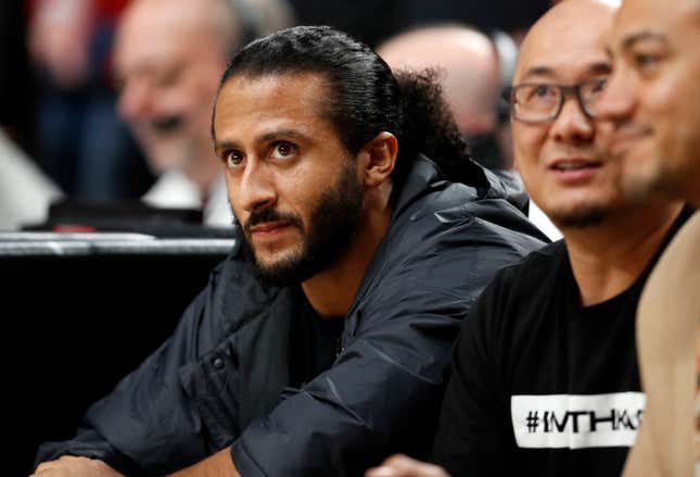 Colin Kaepernick watches during Golden State Warriors’ 119-117 overtime win over Portland Trail Blazers in NBA Western Conference Finals’ Game 4 at Moda Center in Portland, Oregon on Monday, May 20, 2019.