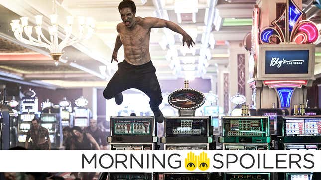 A very fit, shirtless zombie leaps over a row of casino slot machines in a scene from Zack Snyder's Army of the Dead.