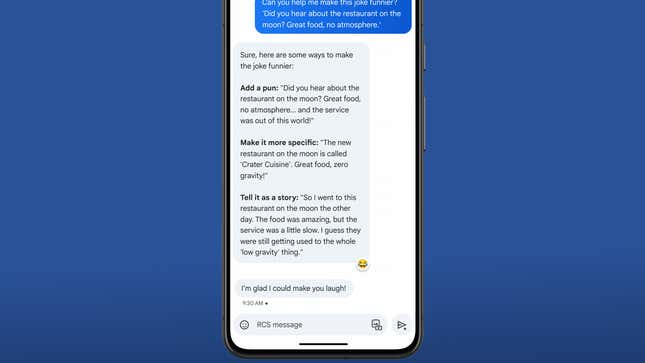 A screenshot of what it looks like chatting with Google Gemini in Messages 