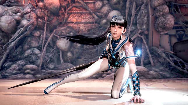 Stellar Blade protagonist Eve rests her left hand on the ground with a sword in her right hand against an bulbous wall.