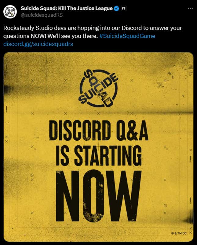 A screenshot of Rocksteady's Discord q&a announcement on Twitter. 