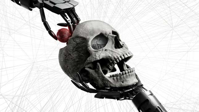 Westworld imagery showing a robot hand holding a skull