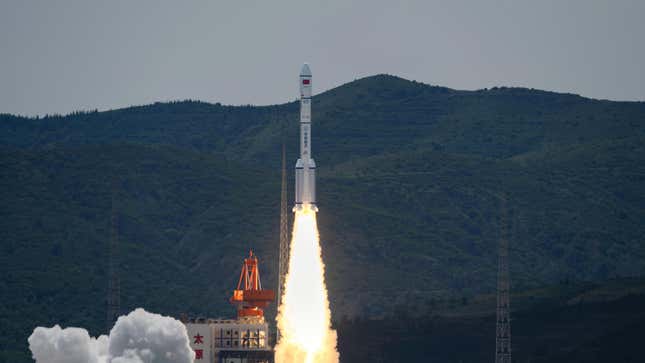 A Long March 6A rocket carrying the satellite group blasts off from the Taiyuan Satellite Launch Center on August 6, 2024 in Taiyuan, Shanxi Province of China. The satellite group, consisting of 18 satellites, was launched at 2:42 p.m. aboard a Long March 6A carrier rocket and entered its preset orbit successfully. 