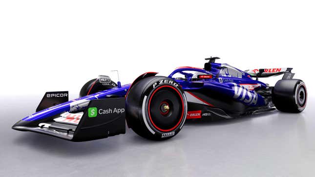 A photo of the blue, white and red Visa CashApp RB formula 1 car. 